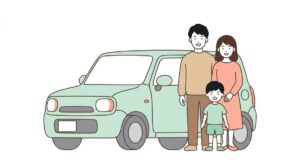 軽自動車の前に立つ3人家族