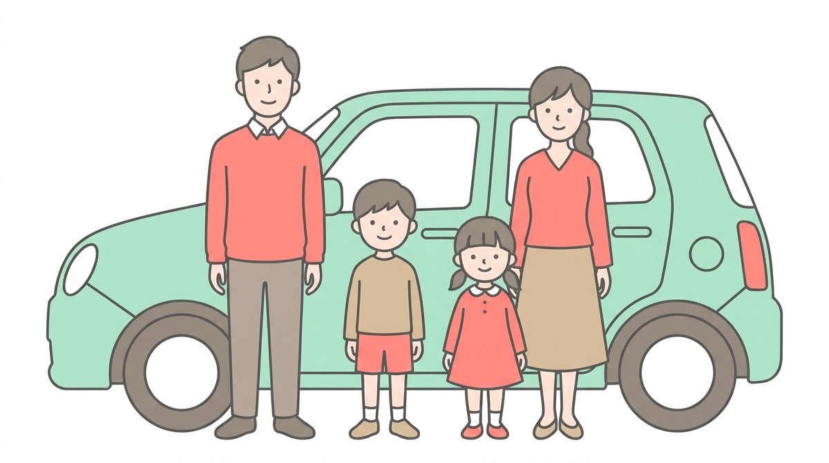 4人家族と車のイラスト|夫婦と子ども2人がファミリーカーの横に立っている