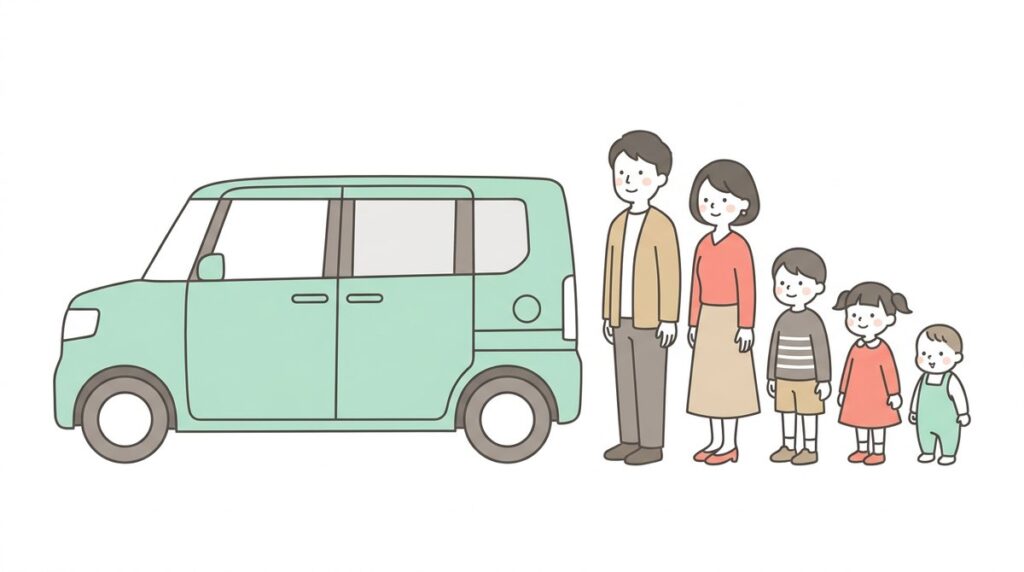5人家族とミニバンのイラスト｜夫婦と子ども3人がスライドドアの車の横に立っている