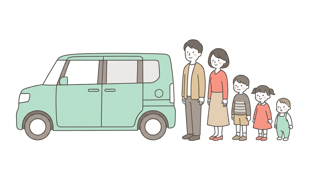 5人家族とミニバンのイラスト｜夫婦と子ども3人がスライドドアの車の横に立っている