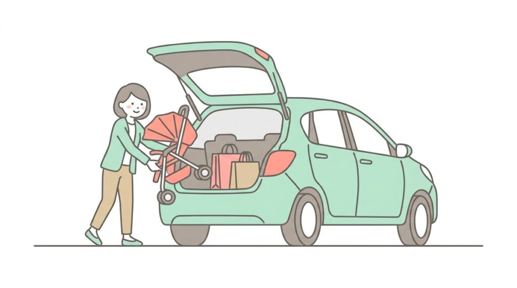 車の荷室にベビーカーを積み込むイラスト｜買い物袋も一緒に置かれている