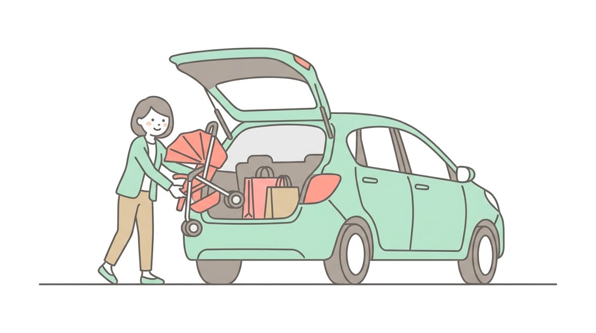車の荷室にベビーカーを積み込むイラスト｜買い物袋も一緒に置かれている