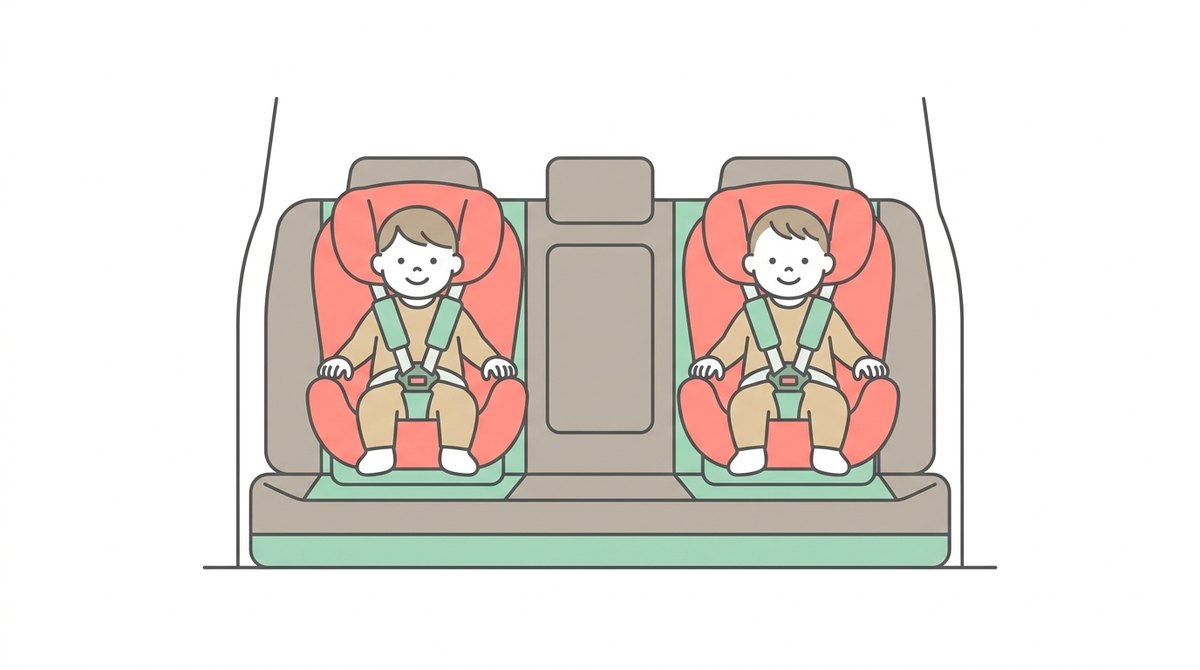 後席にチャイルドシートを2台設置したイラスト｜中央席が狭くなっている様子