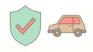 中古車の保証のイラスト｜チェックマーク入りの盾と車