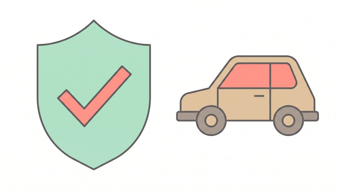 中古車の保証のイラスト｜チェックマーク入りの盾と車