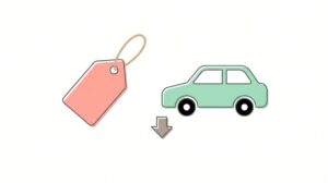 中古車の値引きのイラスト｜価格タグと車
