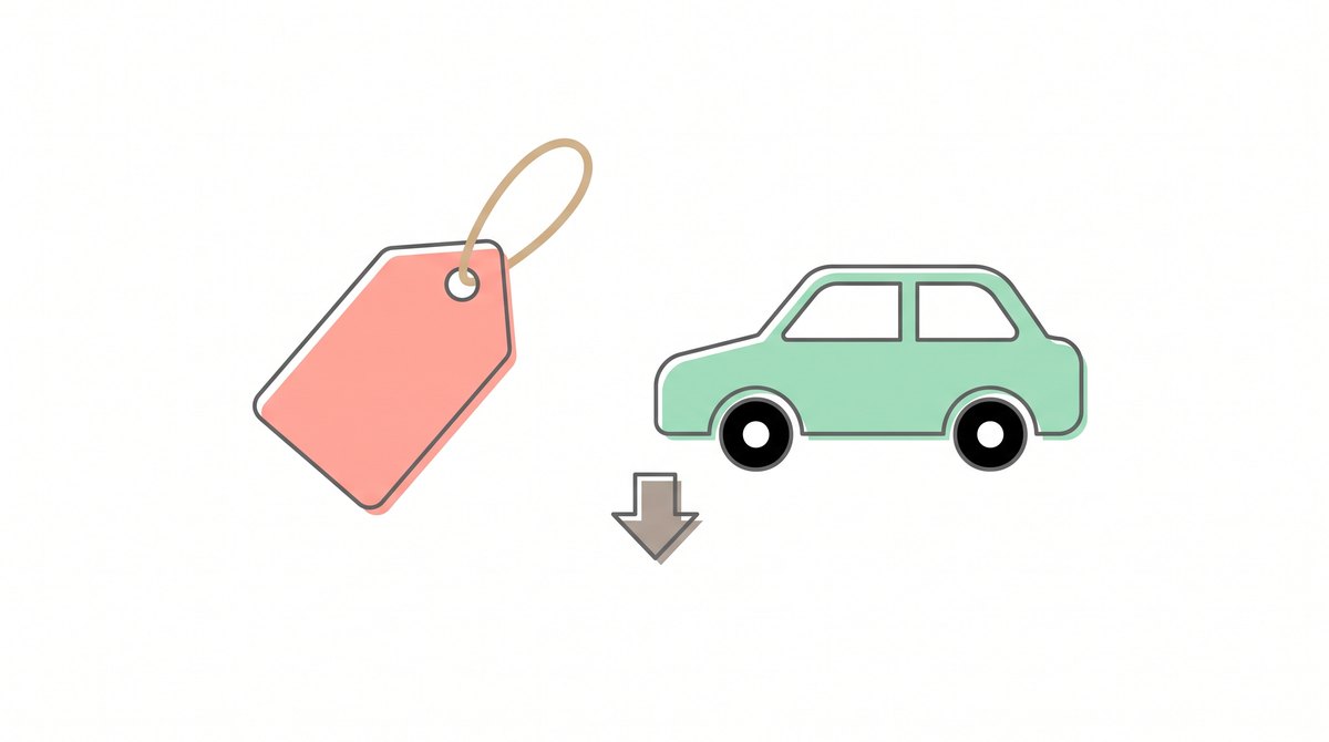 中古車の値引きのイラスト｜価格タグと車