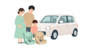 2台のチャイルドシートと車を前に買い替えを考える家族