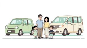 軽自動車とミニバンを見比べる4人家族