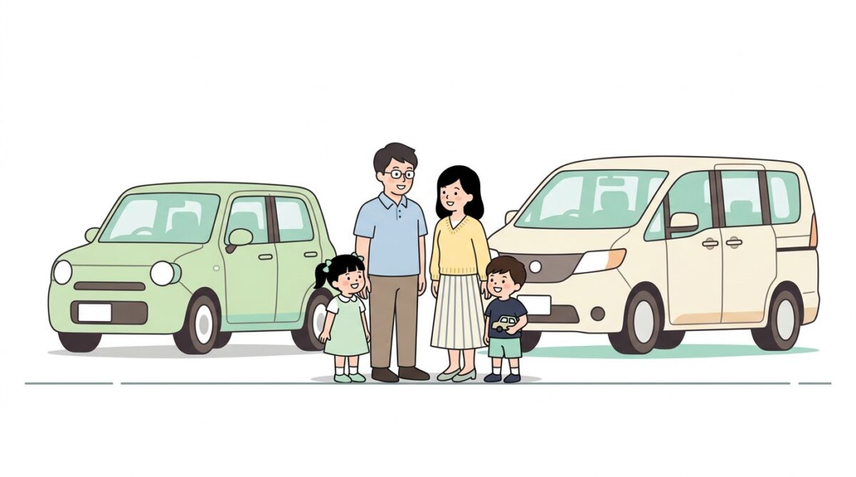 軽自動車とミニバンを見比べる4人家族