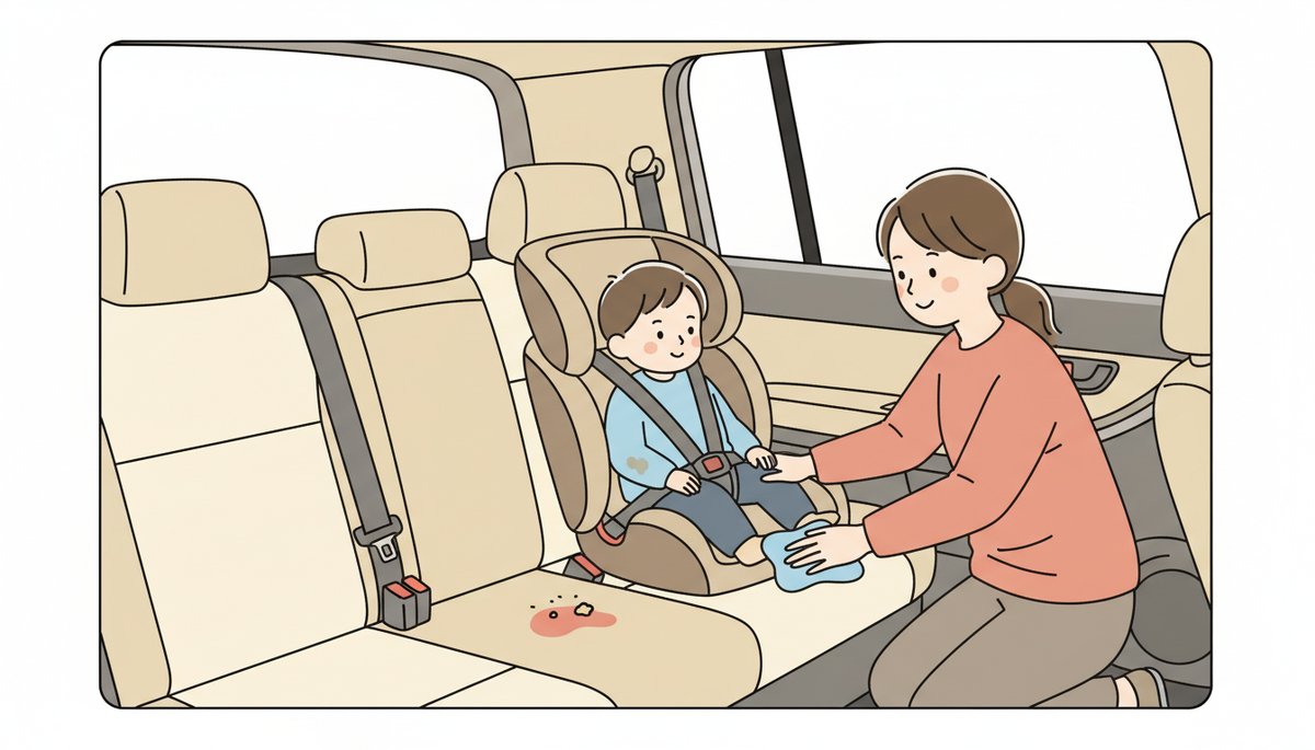 チャイルドシートの跡や食べこぼしがある車内を掃除する母親