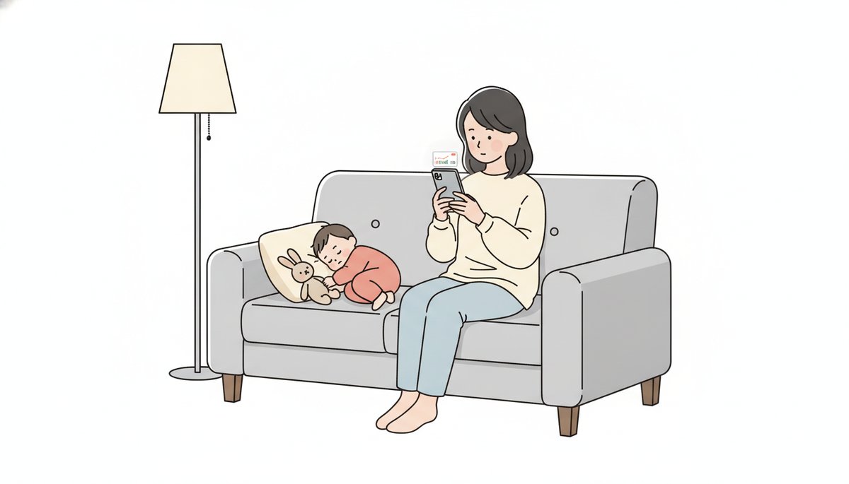 子どもを寝かしつけた後にスマホで愛車の買取相場を確認する母親