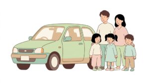 長く乗った車の前に立つ4人家族
