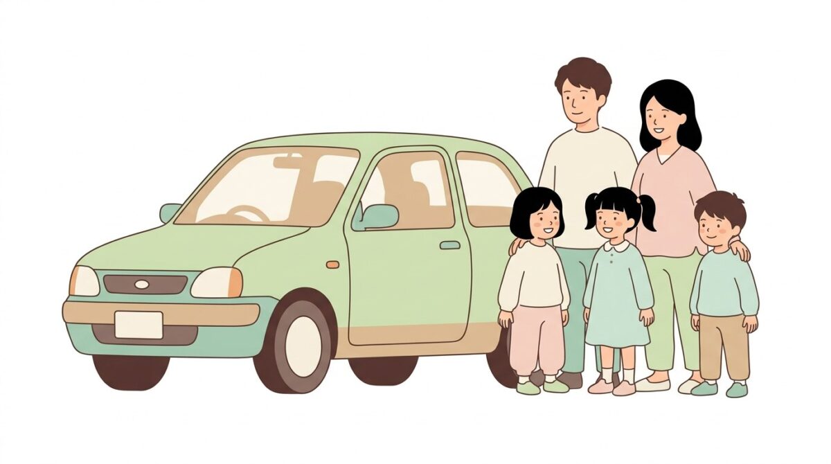 長く乗った車の前に立つ4人家族