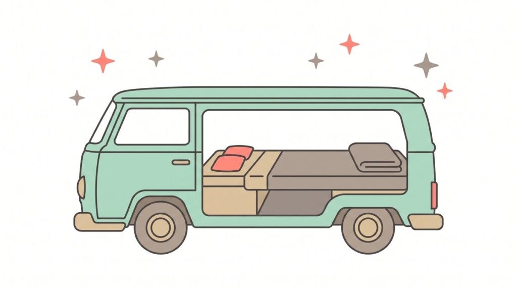 車中泊のイラスト｜シートを倒してフラットにした車内