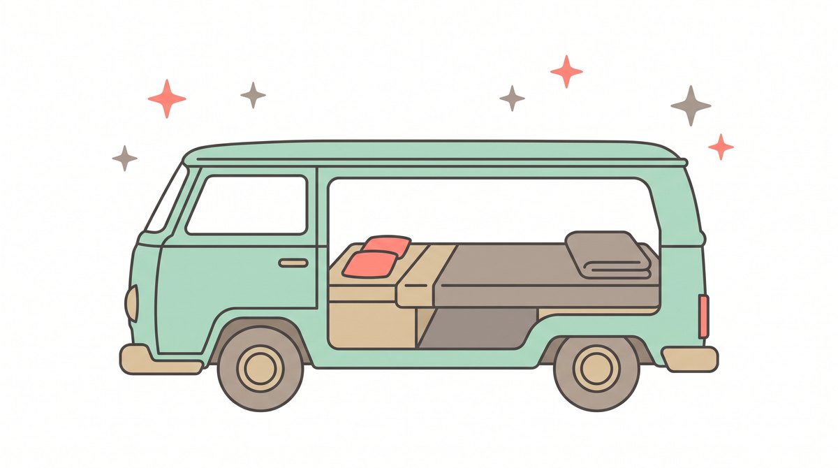 車中泊のイラスト|シートを倒してフラットにした車内