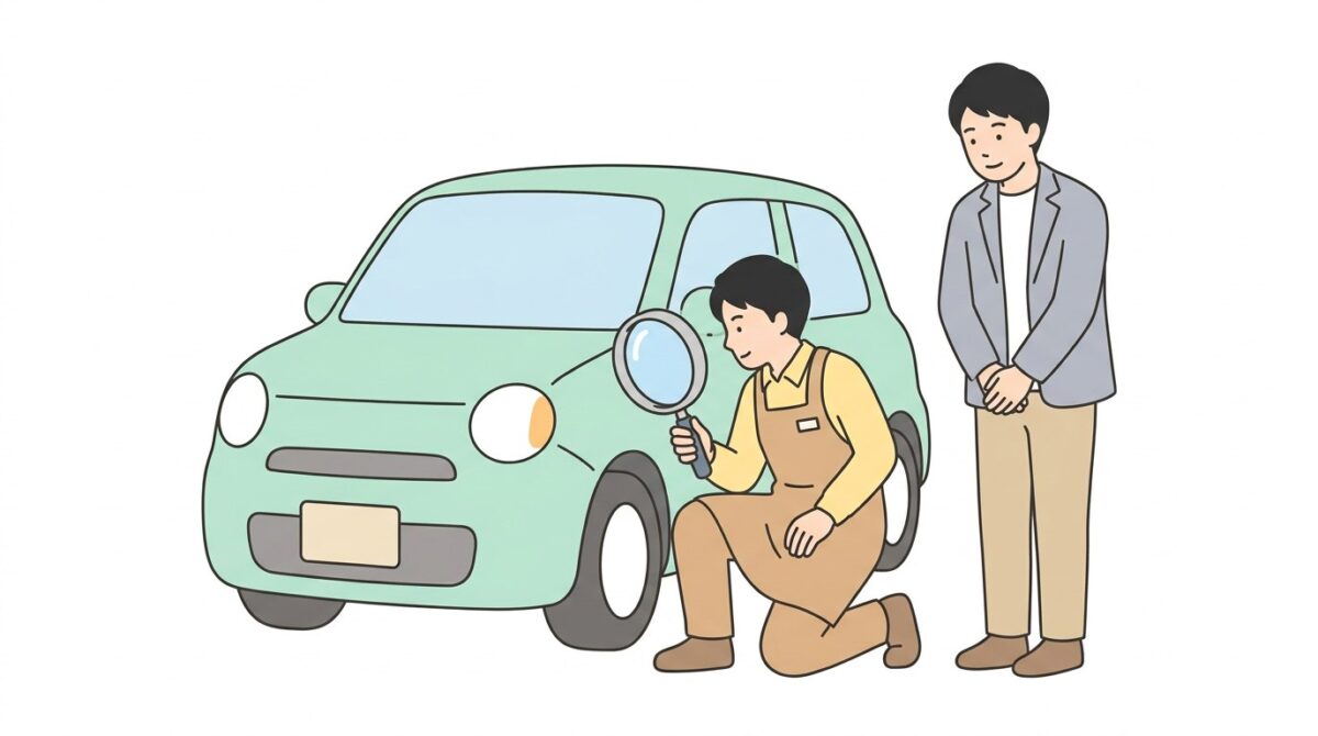 車の前部を点検する査定士と見守る父親