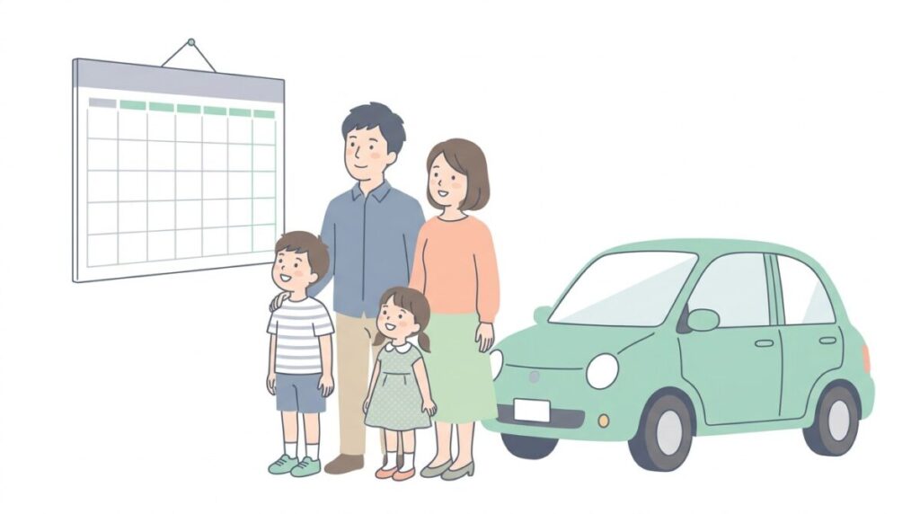カレンダーを見ながら車の売り時を考える4人家族