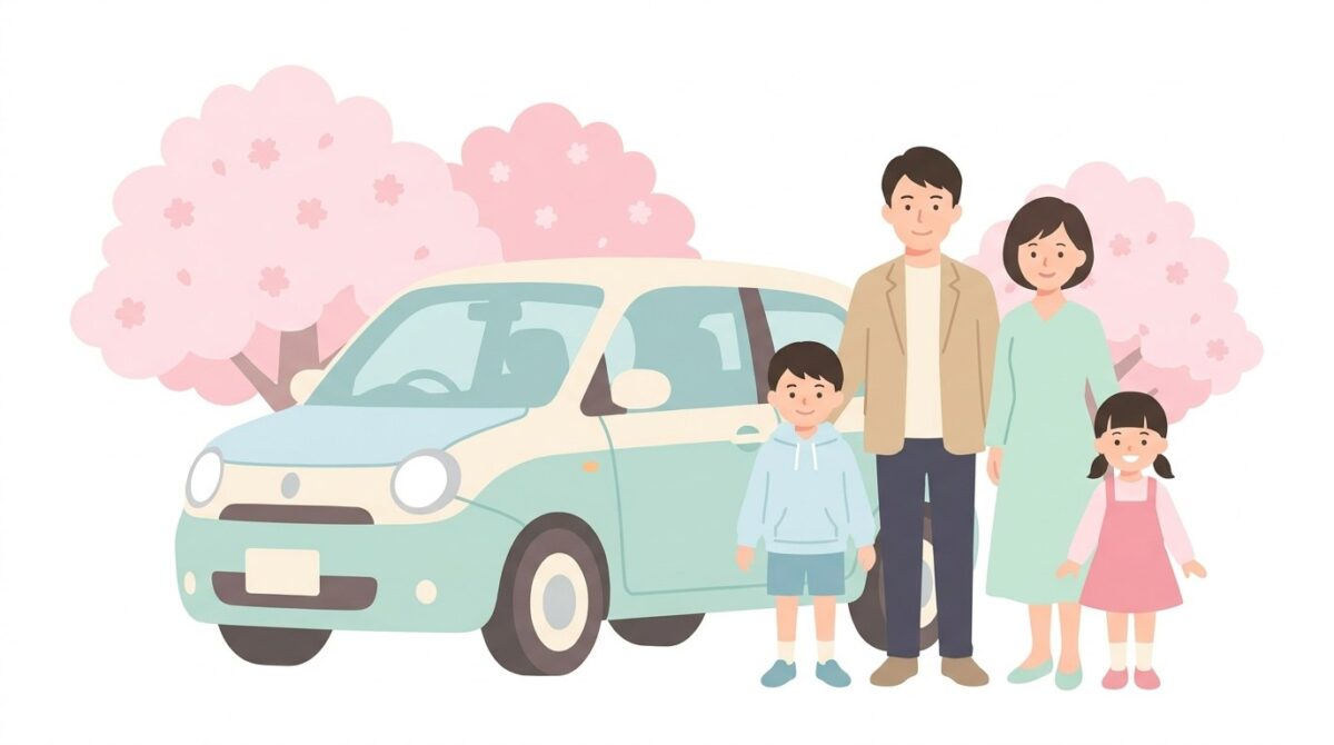 桜の季節に車の前に立つ4人家族。1〜3月は中古車の需要期