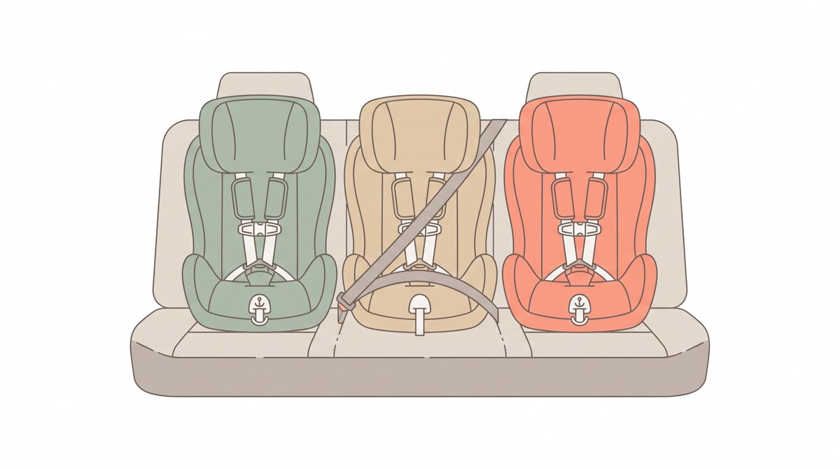 後席に並んだ3台のチャイルドシートとISOFIX金具