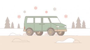 雪道を走る4WDのミニバンとスタッドレスタイヤ