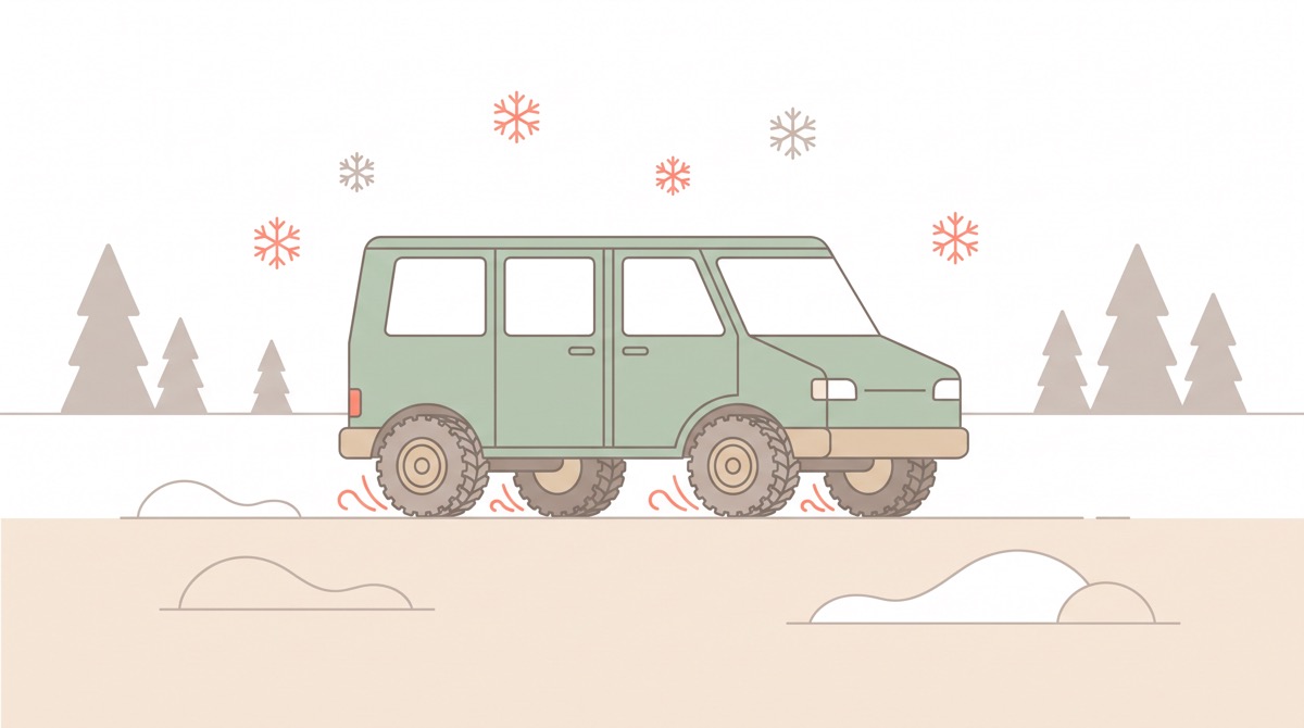 雪道を走る4WDのミニバンとスタッドレスタイヤ